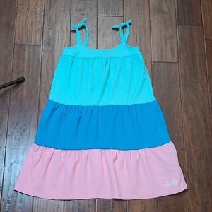 Hurley Sleeveless Teal, Blue, & Pink Colorblock Tiered Sun Dress size Large